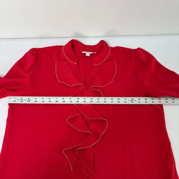Chicos Ruffle Front Button Up Blouse Size 2 US 12 Red V Neck Sparkle Trim Top - Picture 10 of 12